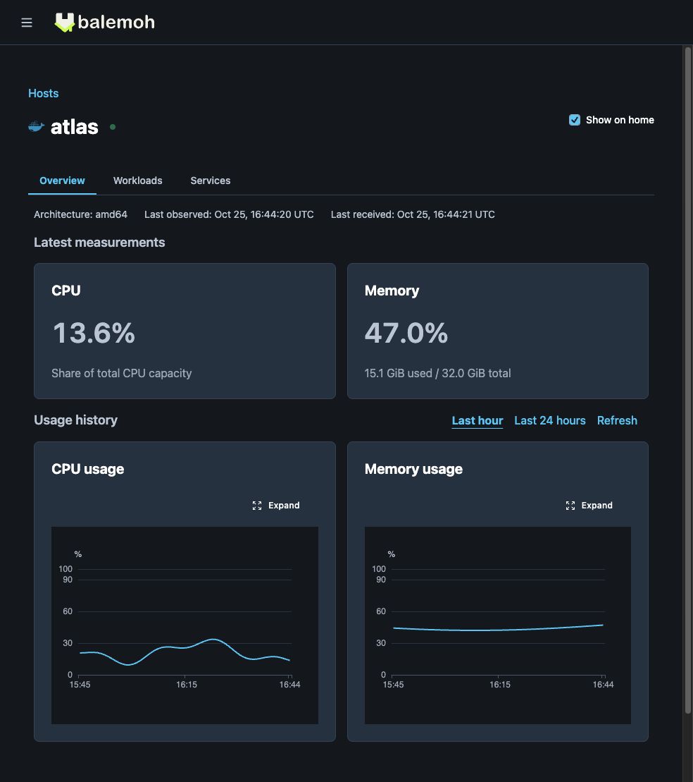 The real Balemoh host Overview with synthetic CPU and memory readings and generated usage history for atlas.