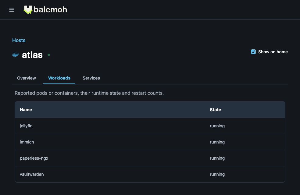 The atlas Workloads tab with four synthetic containers and their runtime states.